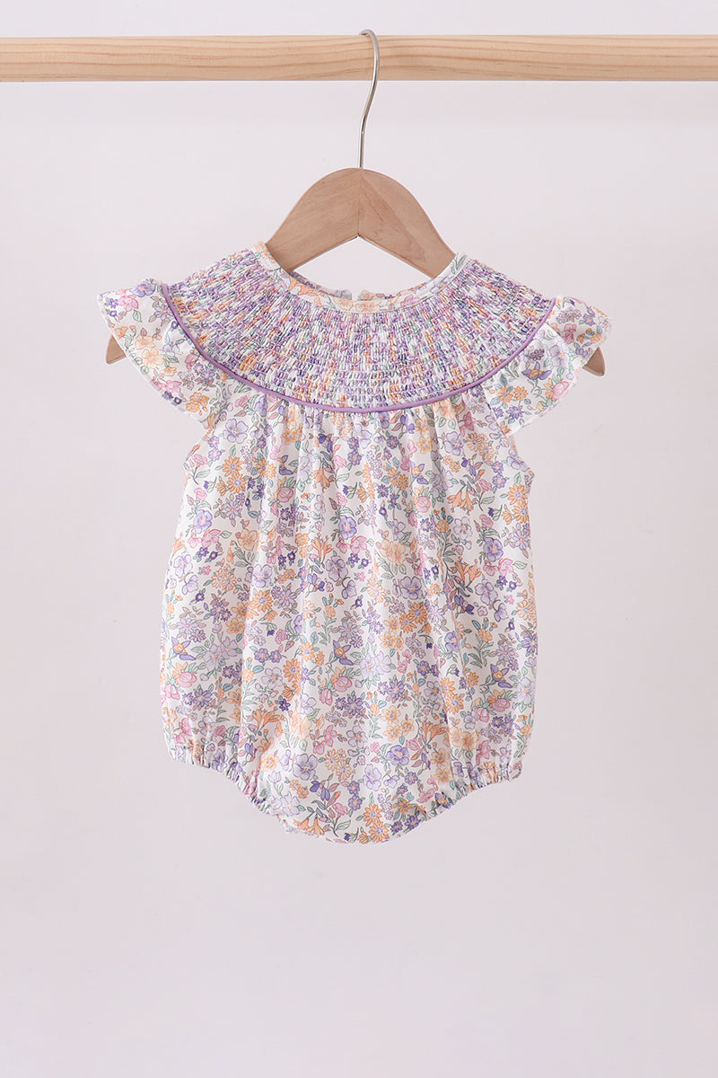 Girls Purple Floral Smocked Bubble
