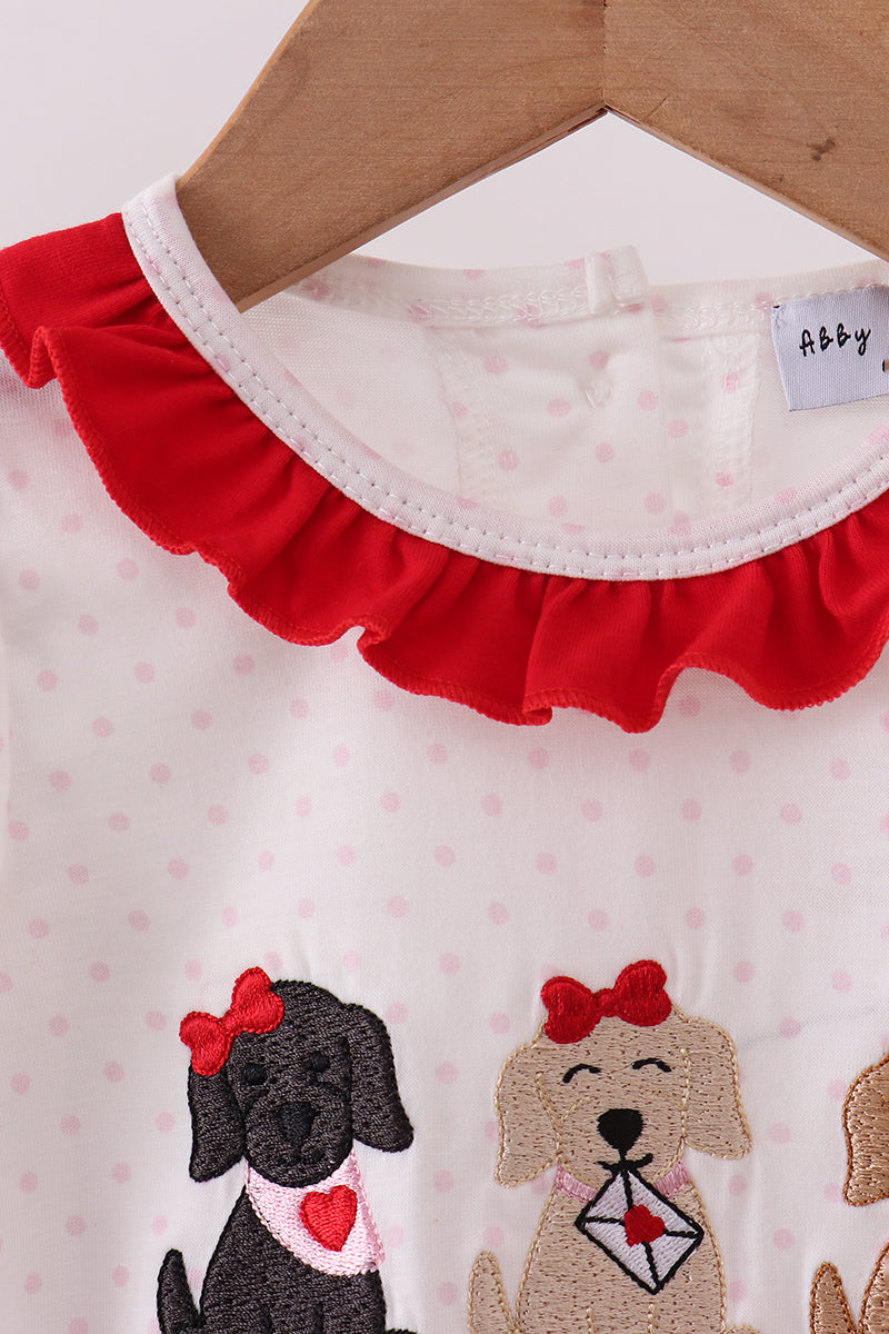 Girls White Puppy Embroidery Ruffle Bubble