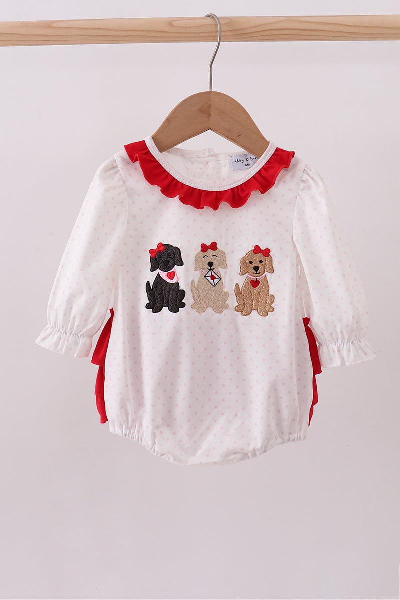 Girls White Puppy Embroidery Ruffle Bubble