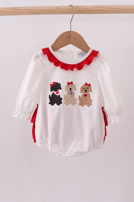 Girls White Puppy Embroidery Ruffle Bubble