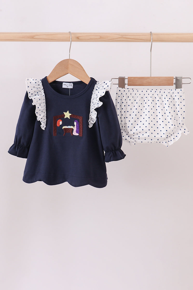 Navy Nativity Ruffle Bloomer Set