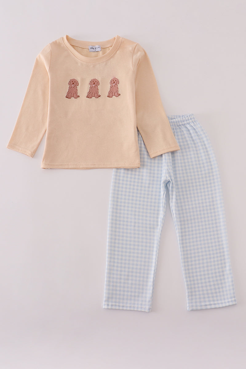 Boys Cream Puppy Embroidery Pants Set