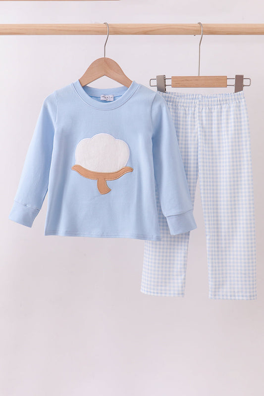 Boys Blue Cotton Applique Gingham Pants Set
