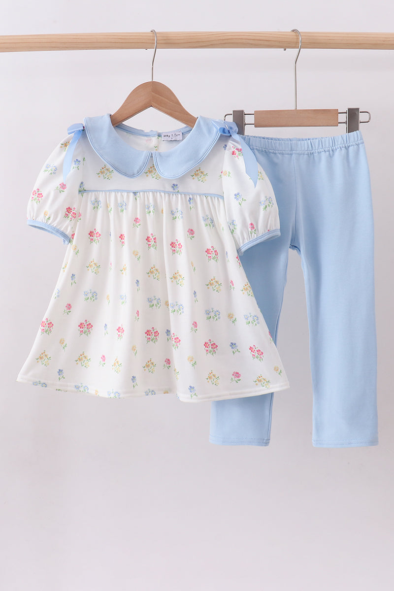Girls Blue Floral Bow Pants Set