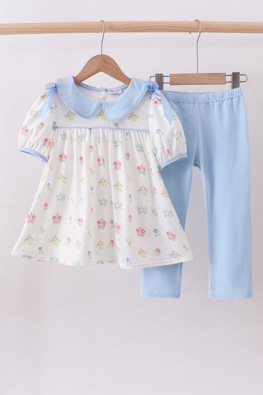 Girls Blue Floral Bow Pants Set