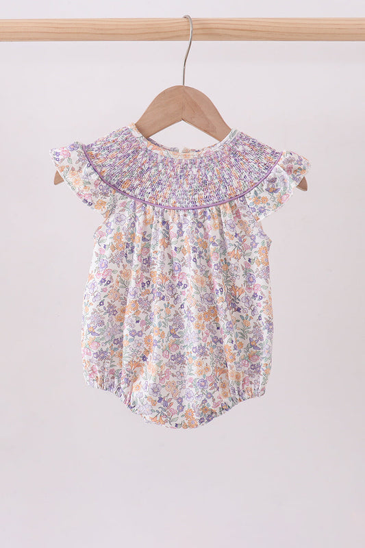Girls Purple Floral Smocked Bubble