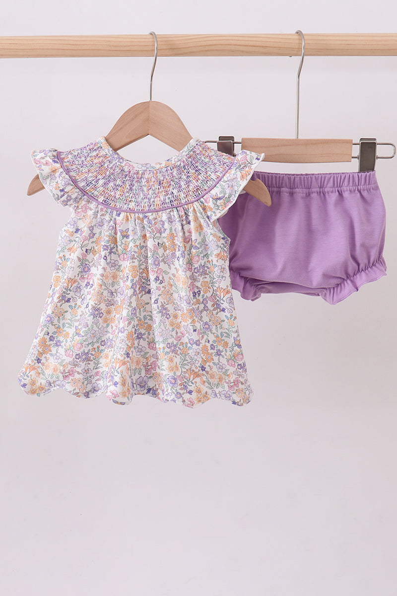 Girls Purple Floral Smocked Bloomer Set