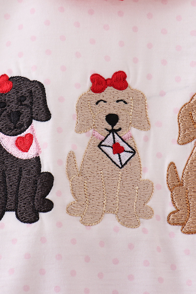 Girls White Puppy Embroidery Ruffle Bubble