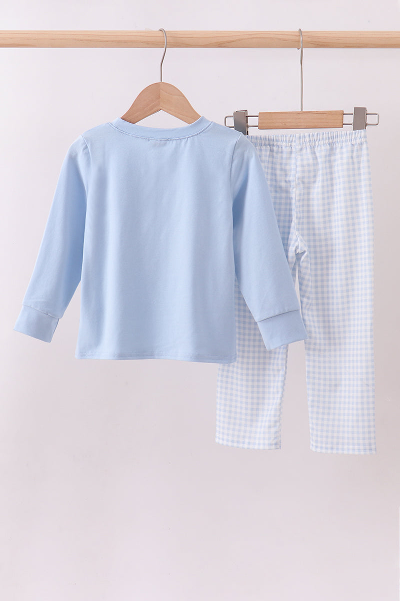 Boys Blue Cotton Applique Gingham Pants Set